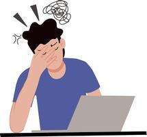 Portrait tired young man confused exhausted syndrome stress expression laptop illustration vector