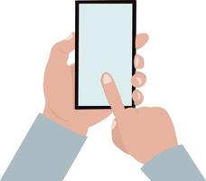 Two hands hold a mobile phone cell phone with finger on a blank screen vector illustration