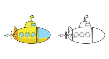 Cartoon yellow submarine ship. Coloring page and colorful clipart character.  Vector illustration.