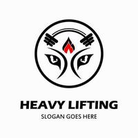 Fitness vector logo design template, vector design for gym and fitness. weight lifting icon and muscular hand illustration in tiger eyes real man