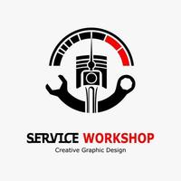 Vector illustration of advertising a repair service. Automotive and motorcycle workshop logo. icon rpm, wrench and piston