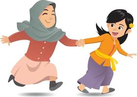 illustration of interfaith friendship between islamic and hindu girls vector