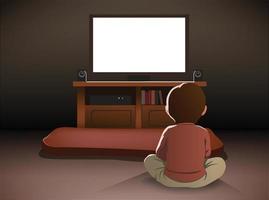 illustration of boy watching television in the dark room vector