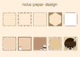 Set of note paper design in brown color tone and coffee pattern vector