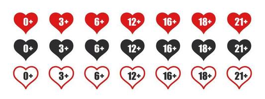 Age limit icons set. Age limit icons in the form of hearts. Recommended age limit. Vector images