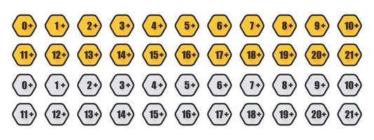 Age limit icons set. Yellow and gray age restriction badges. Recommended age limit. Vector images