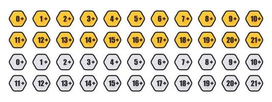 Age limit icons set. Yellow and gray age restriction badges. Recommended age limit. Vector images