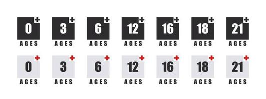 Age requirement icons. Modern age limit icons. Recommended age limit. Age restrictions signs. Vector images