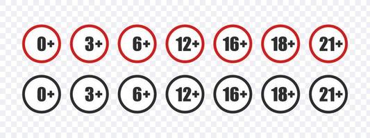 Age limit icons set. Round age restriction badges. Recommended age limit. Vector illustration