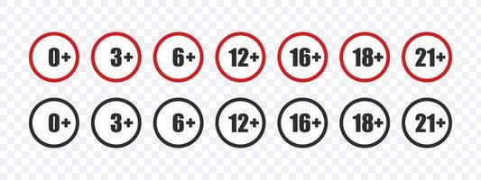 Age limit icons set. Round age restriction badges. Recommended age limit. Vector illustration