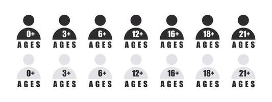 Age requirement icons. Age restriction of users. Recommended age limit. Age restrictions signs. Vector images