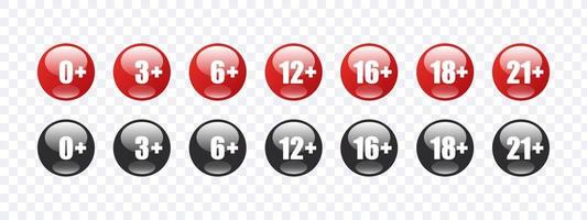 Age requirement icons. Age bar icons. Recommended age limit. Age restrictions signs. Vector images