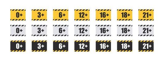 Age requirement icons set. Age restriction badges. Recommended age limit. Age restrictions signs. Vector images