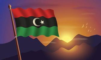 Kingdom of Libya flag with mountains and sunset in the background vector