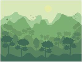 Green mountains with a green landscape and birds flying around vector art illustration