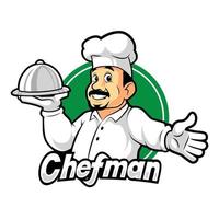 Smiling Chef cartoon character holding a silver plate vector