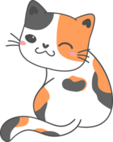 schattig gelukkig glimlach gezicht speels katje kat calico tri kleur tekenfilm tekening hand- getrokken schets png