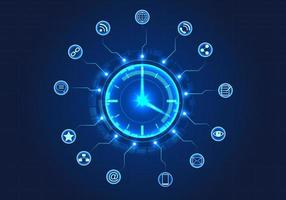 Watch is surrounded by a circle of technology and has smart technology to help. Like the concept of time allocation within the organization to work on goals when customers want. vector