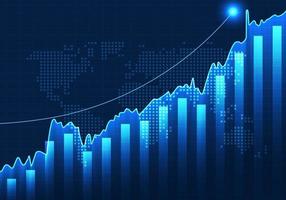 Stock chart That is said to be showing progressive growth of the company, increasing revenues of the company and expanding into different countries. Dark blue background and grid lines vector