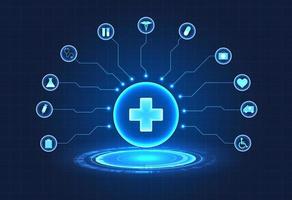 Medical technology circle There is a doctor's symbol in the middle and a circle with a link to modern payment innovations, allowing patients to access treatment more quickly, behind a grid line. vector