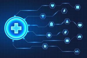 Medical technology circle There is a doctor's symbol in the center and a circle with payment innovations around it. Modern medicine provides patients with faster access to treatment behind the grid. vector