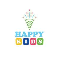 Happy kids logo design. Colorful logo with confetti logotype. Fun cartoon logo template. vector