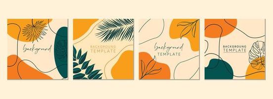 Abstract set of square templates with tropical leaves and geometric shapes. Good for social media posts, mobile apps, banner designs and online promotions. Tropical vector background collection.