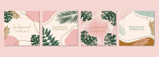 Abstract set of square templates with tropical leaves and geometric shapes. Good for social media posts, mobile apps, banner designs and online promotions. Tropical vector background collection.