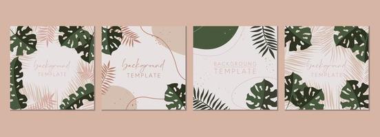 Abstract set of square templates with tropical leaves and geometric shapes. Good for social media posts, mobile apps, banner designs and online promotions. Tropical vector background collection.