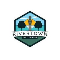 Rivertown city center logo design. Landscape and  tower modern logotype. Lake and city logo template. vector
