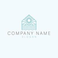 Beach house and sun logo design. Travel logotype. Tropical property logo template. vector