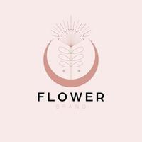 Wildflower in crescent logo design. Simple flower and moon logotype. Bohemian logo template. vector