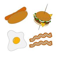 conjunto de el más popular rápido comida tipos hamburguesa, caliente perro y frito huevo con tiras de tocino. eps vector