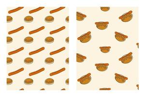 Set of two patterns with the image of a hot dog, sesame buns and grilled sausages. Happy hot dog day vector