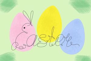 Easter lettering and bunny in one continuous line on a bright hand drawn background and Easter eggs vector