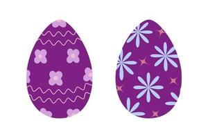 Set of two Easter eggs in trendy purple with abstract pattern of wavy lines, stars and flowers. EPS vector