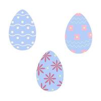 Set of three Easter eggs in trendy blue with simple patterns of wavy lines, dots, flowers and stars vector