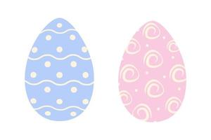 Set of two Easter eggs in trendy pink and blue with abstract pattern of wavy lines, dots and roses vector