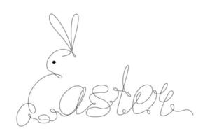 Easter lettering and bunny one continuous line drawing. Happy Easter. Design for Greeting. Isolate vector