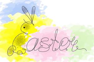 Easter bunny and Easter lettering in one continuous line against vibrant watercolor spots. Isolate vector