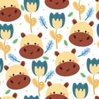 seamless pattern cartoon hippo, plant and flower. cute animal wallpaper for textile gift wrap paper vector