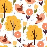 seamless pattern cartoon bird and flower. cute animal wallpaper for textile, gift wrap paper vector