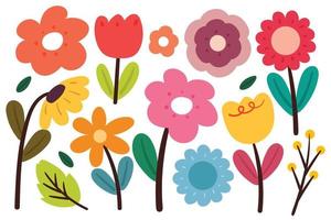 juego de pegatinas de flores y hojas de dibujo a mano vector