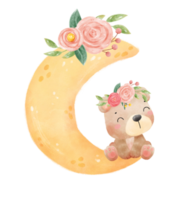 mignonne adorable innocence bébé marron ours sur floral croissant lune garderie aquarelle illustration png
