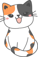 söt Lycklig leende ansikte lekfull kattunge katt kalikå tri Färg tecknad serie klotter hand dragen översikt png
