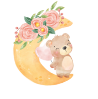 cute adorable innocence baby brown bear on floral crescent moon nursery  watercolour illustration png