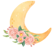 Aquarell romantisch Süss Frühling Blumen- Dekoration auf Halbmond das Mond Phase wunderlich Hand gezeichnet Illustration png