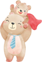 súper héroe papá osito de peluche oso con bebé hijo marrón cachorro padre día acuarela mano dibujo ilustración png