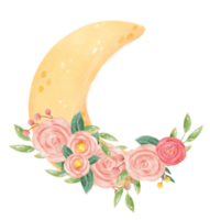 watercolour romantic sweet spring floral decoration on crescent the moon phase whimsical hand drawn illustration png