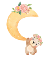 cute adorable innocence baby brown bear on floral crescent moon nursery  watercolour illustration png